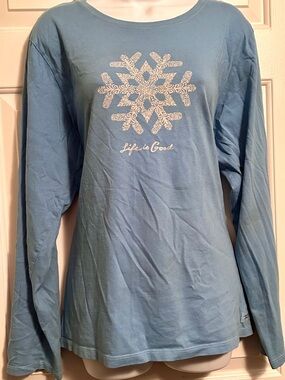 Life Is Good Light Blue Long Sleeve Snowflake Graphic Tee